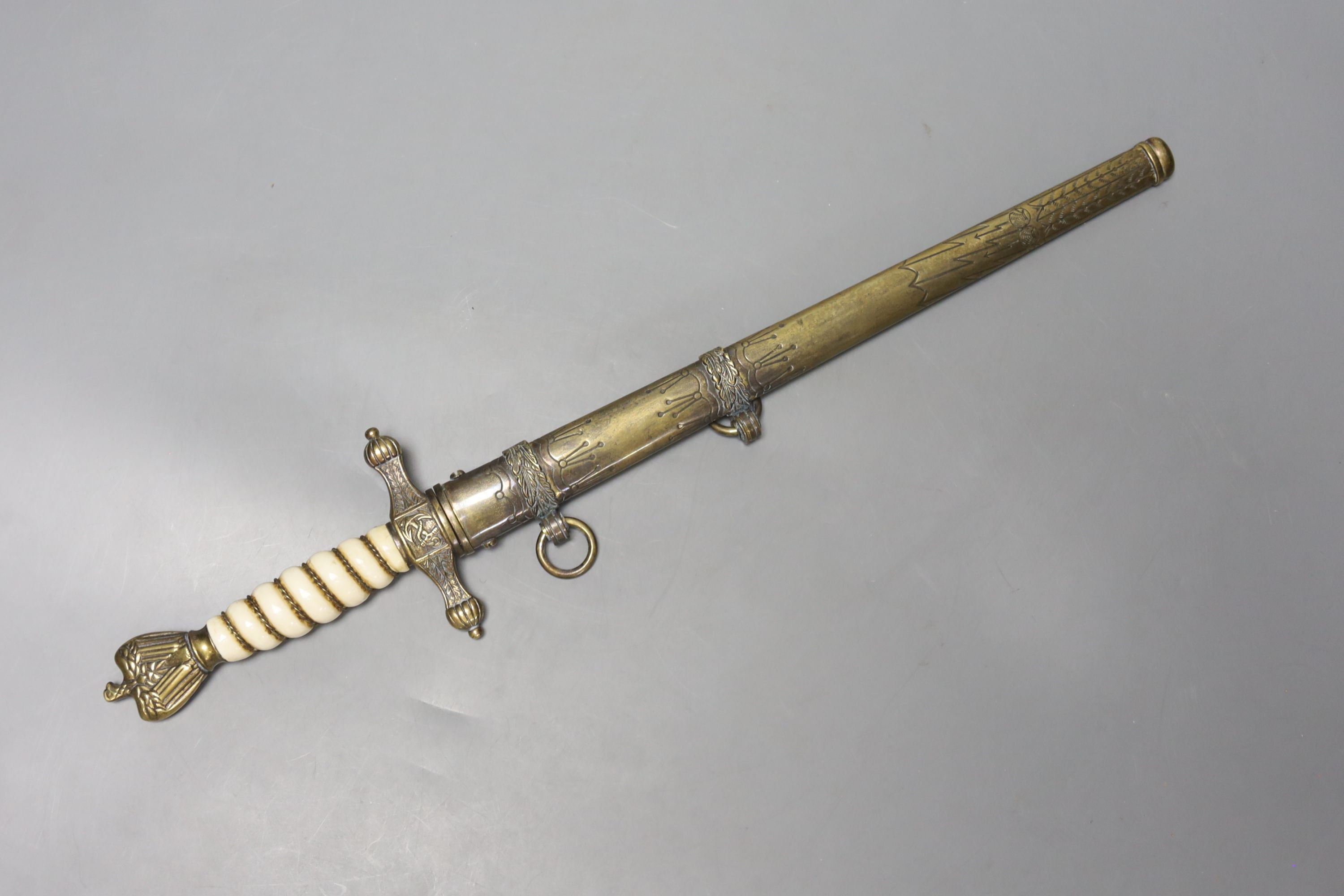 A re-enactors Kreigsmarine dress ceremonial dagger, with brass scabbard, 42cm long
